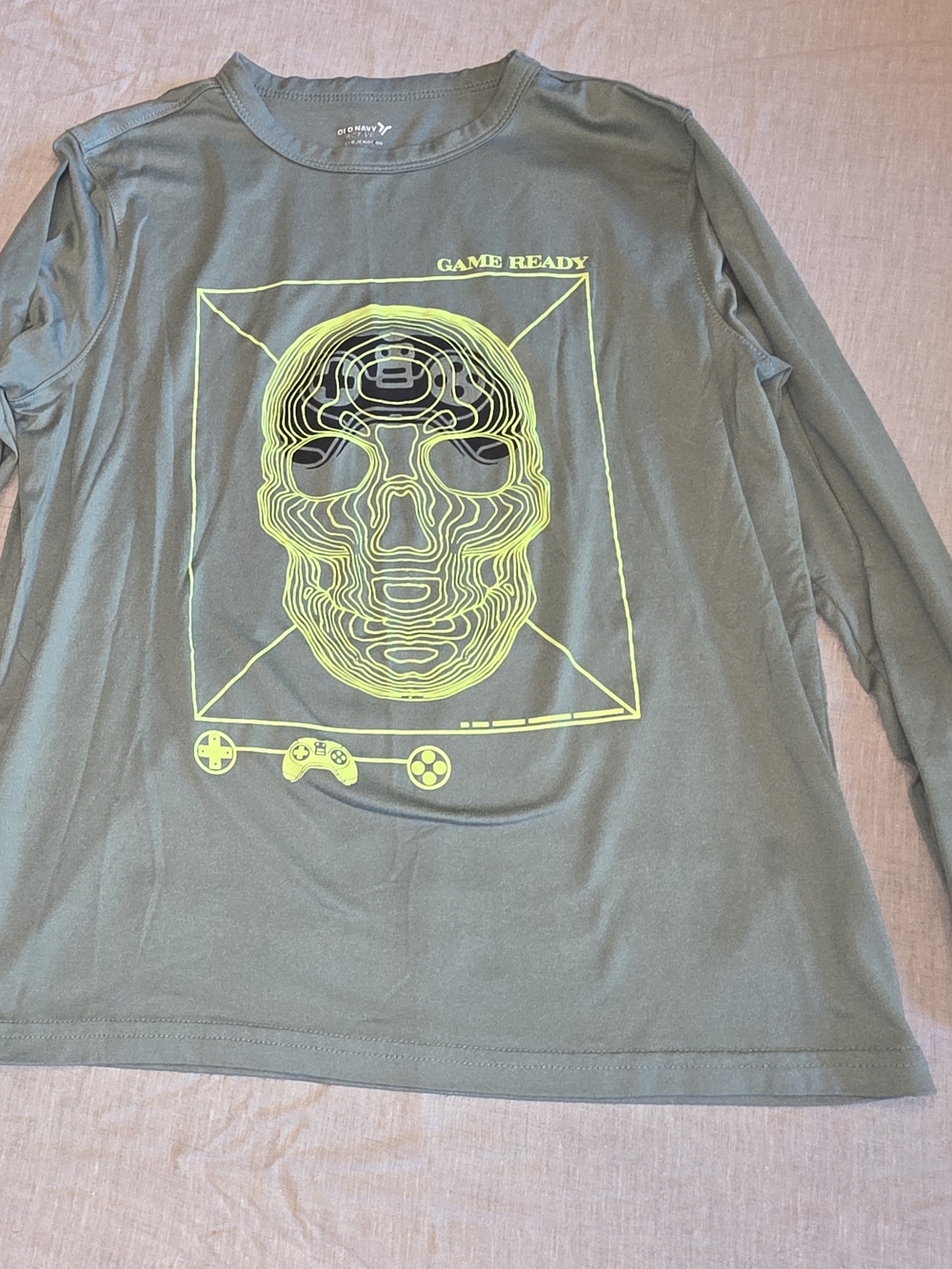 George Olive Green Long-Sleeve Tee with Neon Yellow Skull Graphic